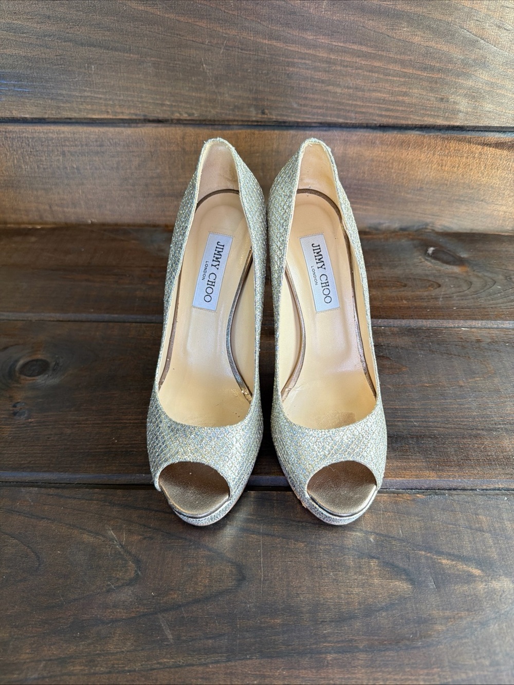 Jimmy Choo Gold & Silver Glitter Platform Pumps Women Size 8.5 / 39 Peep Toe